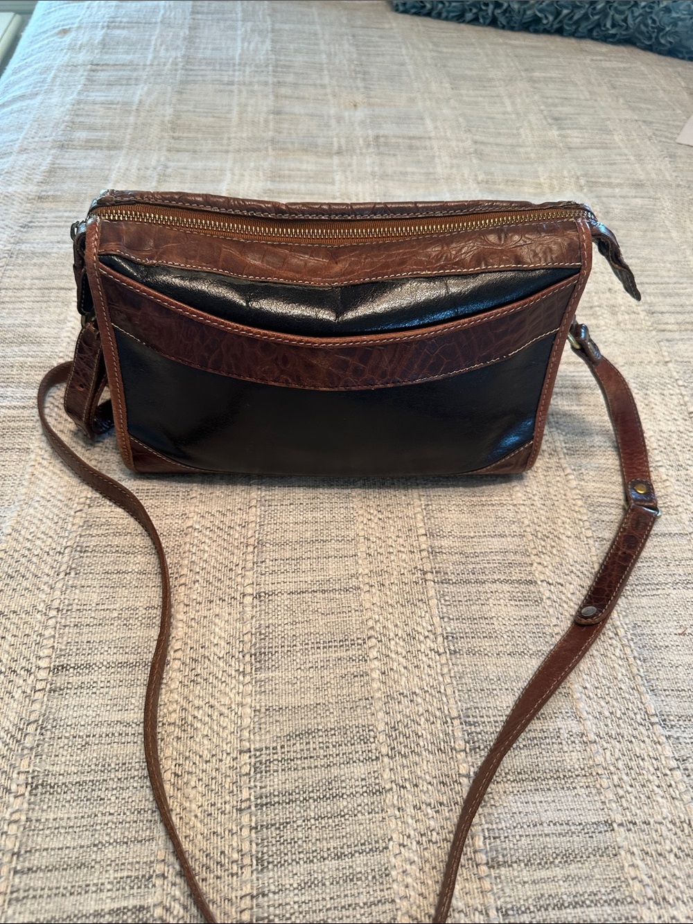 Two-Tone Brown and Black Leather Messenger Crossbody
